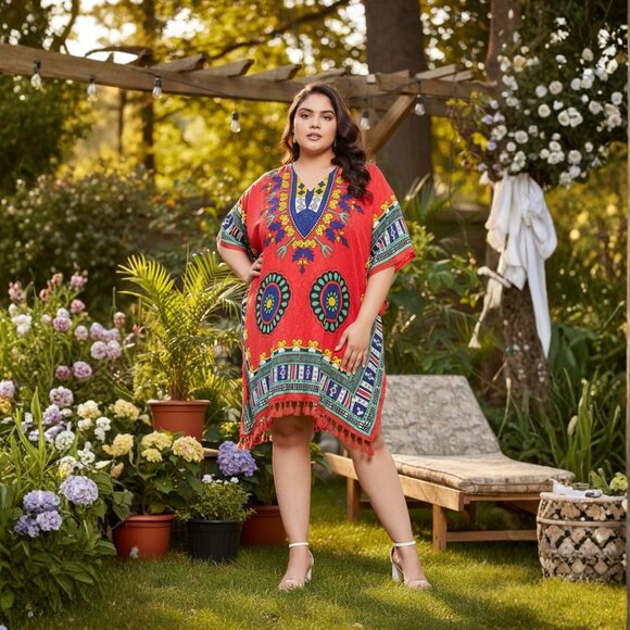 Dashiki Printed Red Polyester Short Caftan Tunic Dress for Women by Gypsie Blu - Picture 1 of 8